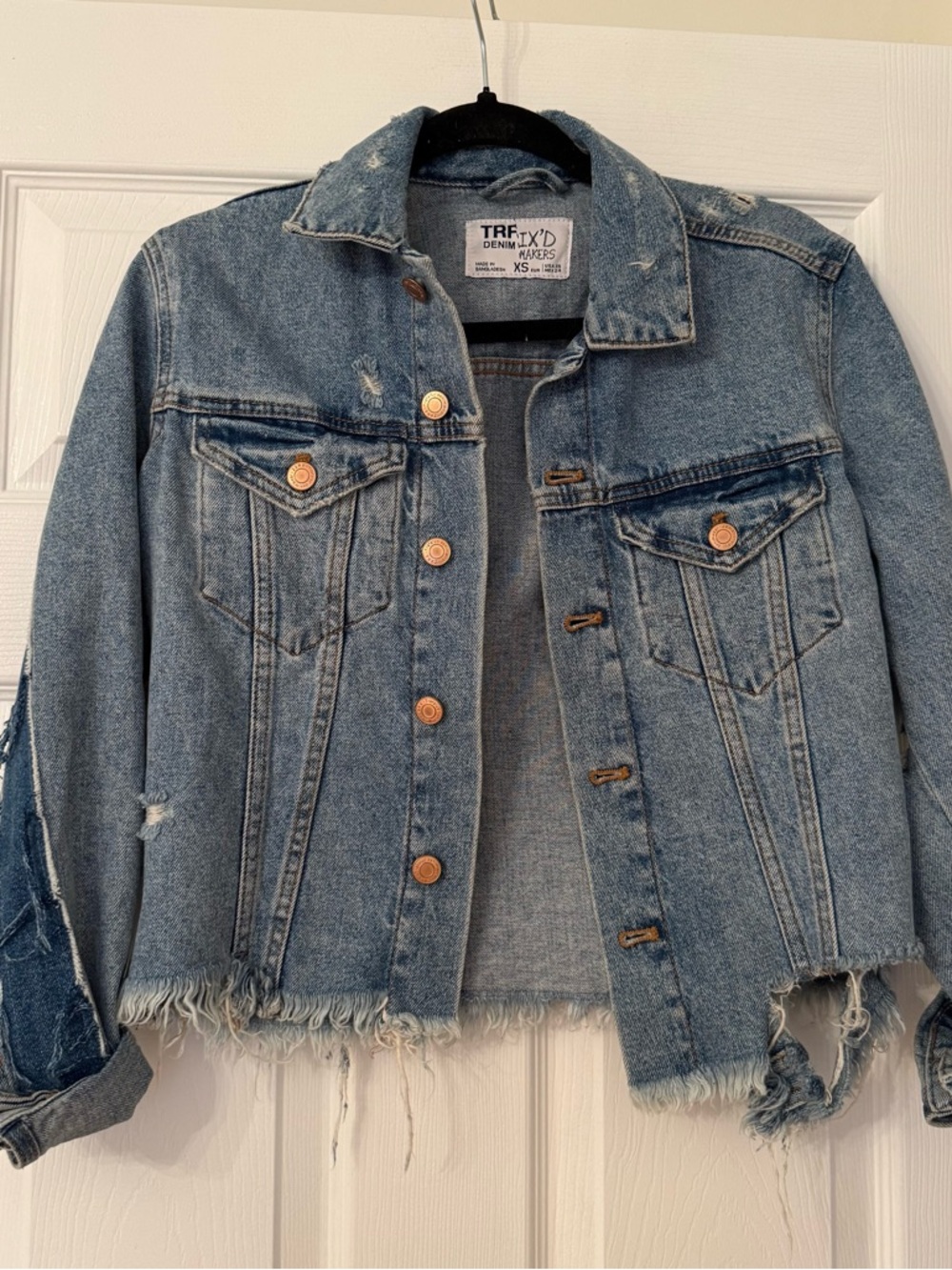 Zara TRFIXD Light Blue Distressed Denim Jacket